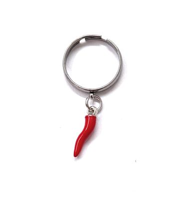 Anello regolabile acciaio corno rosso pendente