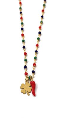 Collana multicolore dorata corno quadrifoglio portafortuna