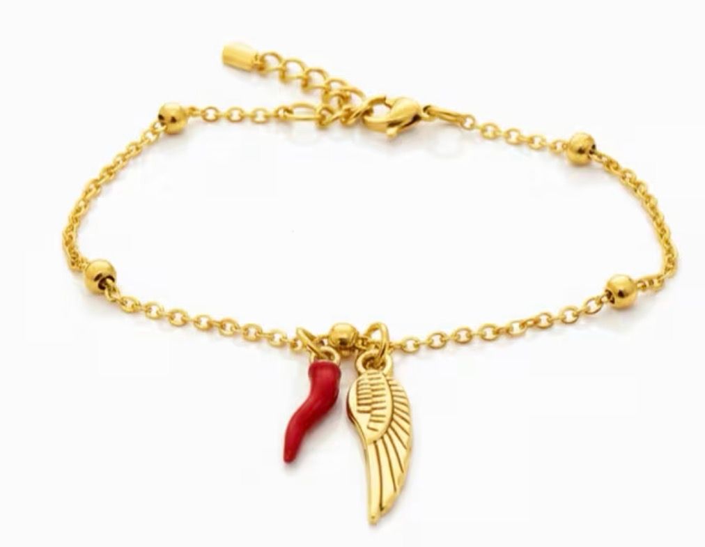 Bracciale regolabile dorato acciaio Ala Angelo e corno