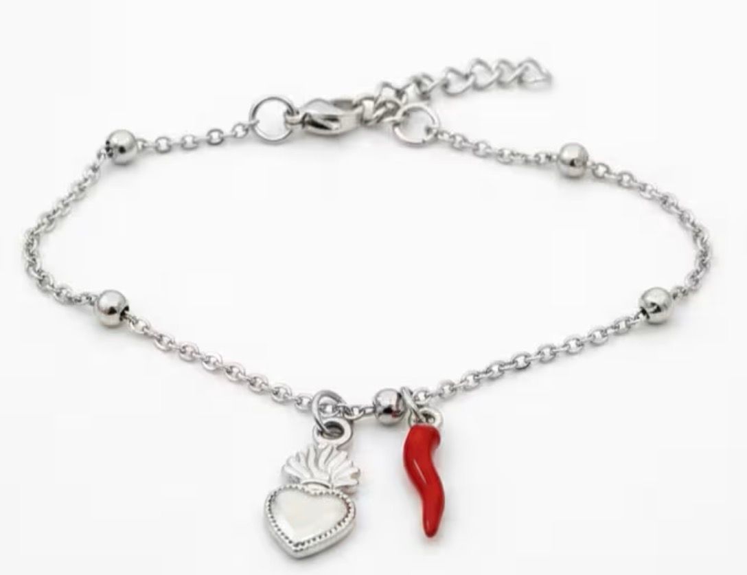 Bracciale regolabile acciaio Cuore sacro e corno