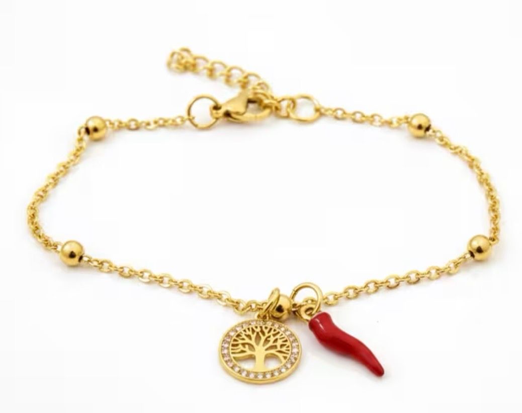 Bracciale regolabile dorato acciaio albero della vita e corno