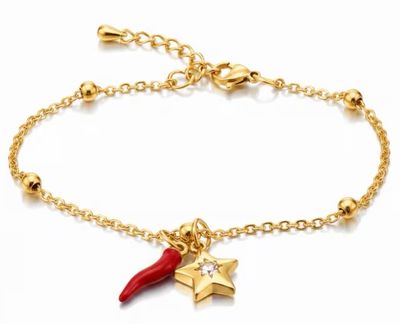 Bracciale regolabile dorato acciaio Stella e zirconia e corno Bracciale regolabile dorato acciaio Stella e zirconia e corno