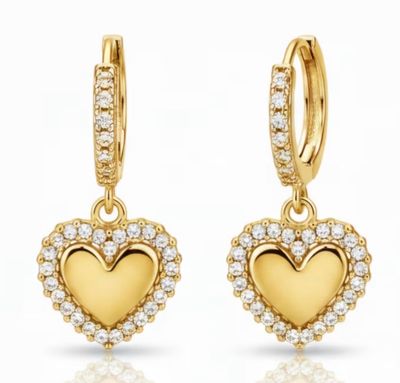 Orecchini cerchio Cuore ø 15 mm semizirconati dorato acciaio chiusura a scattino Orecchini cerchio Cuore ø 15 mm semizirconati dorato acciaio chiusura a scattino