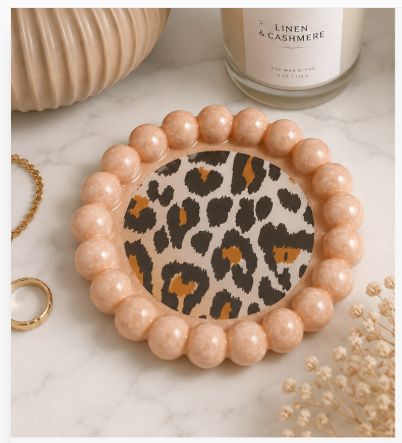 Peach Leopard Print Round Tray | Resin Crete | Scalloped Bubble Edge | Gloss Epoxy Center| Handmade Home Deco