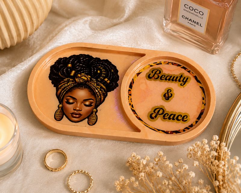 Melanin Queen Beauty & Peace Dual Tray | Resin Crete | Epoxy | Dragonfly Glaze | Cork Backed | Handmade Home Decor