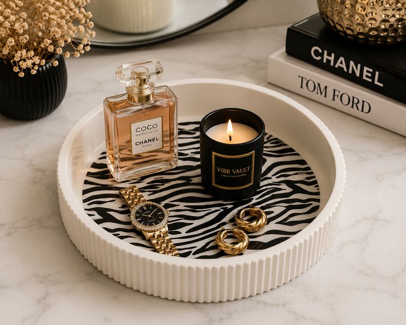 White Zebra Print Deep Round Tray | Resin Crete | Ribbed Edge | Acrylic Center | Cork Backed | Handmade Home Decor