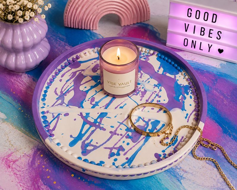 Large Abstract Splatter Tray | Handmade Resin Crete Decorative Tray | Purple & Blue Modern Home Decor | Bubble Bead Edge | Handmade