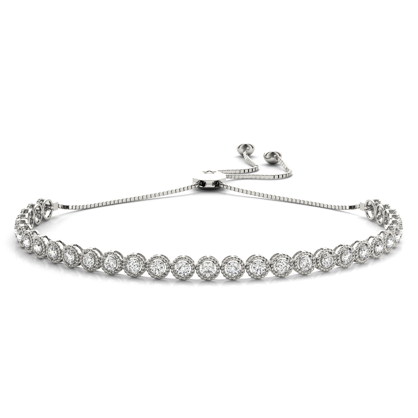 14K Diamond Milgrain Adjustable Bracelet,Diamond Bolo Bracelet, Gold color: White gold