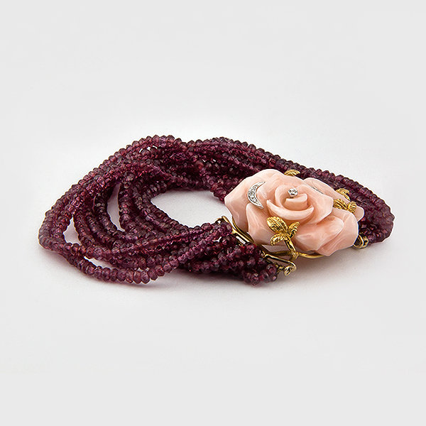 Rhodolite, Coral and Diamond  Bracelet in 18k Yellow Gold