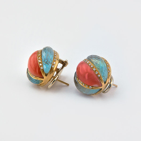 Topaz,coral and diamonds earrings in 18k yellow gold
