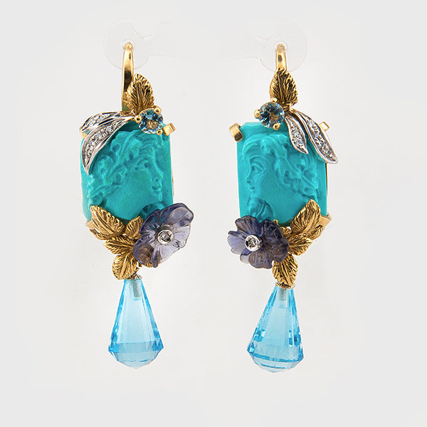 Curved turquoise, gemstone and diamond earrings in 18K yellow gold