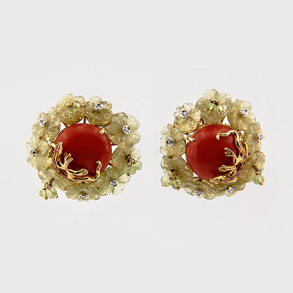 Floral design coral and lemon quartz earrings in 18k yellow gold