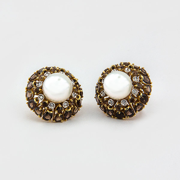 Cultured pearl,diamond and smoky quartz earrings