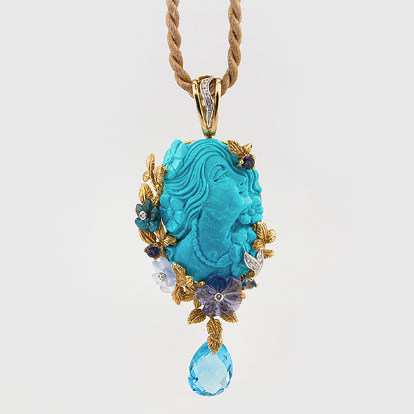 Curved Turquoise and Diamond Pendant in 18k yellow gold