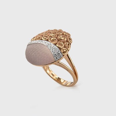 Кольцо с розовым кварцем и бриллиантами в желтом золоте 750-й пробы