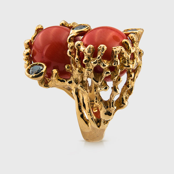 Coral and gemstone ring in yellow gold plated silver