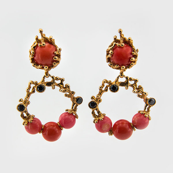 Gemstone and coral earrings in yellow gold plated silver