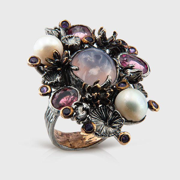 Pearl and gemstone ring in sterling silver