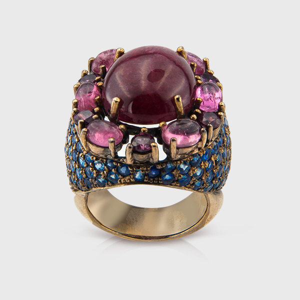 Sapphire,Tourmaline and Rhodolite gemstone ring in yellow gold plated silver