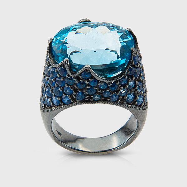 Sapphire and Topaz colored gemstones ring in sterling silver