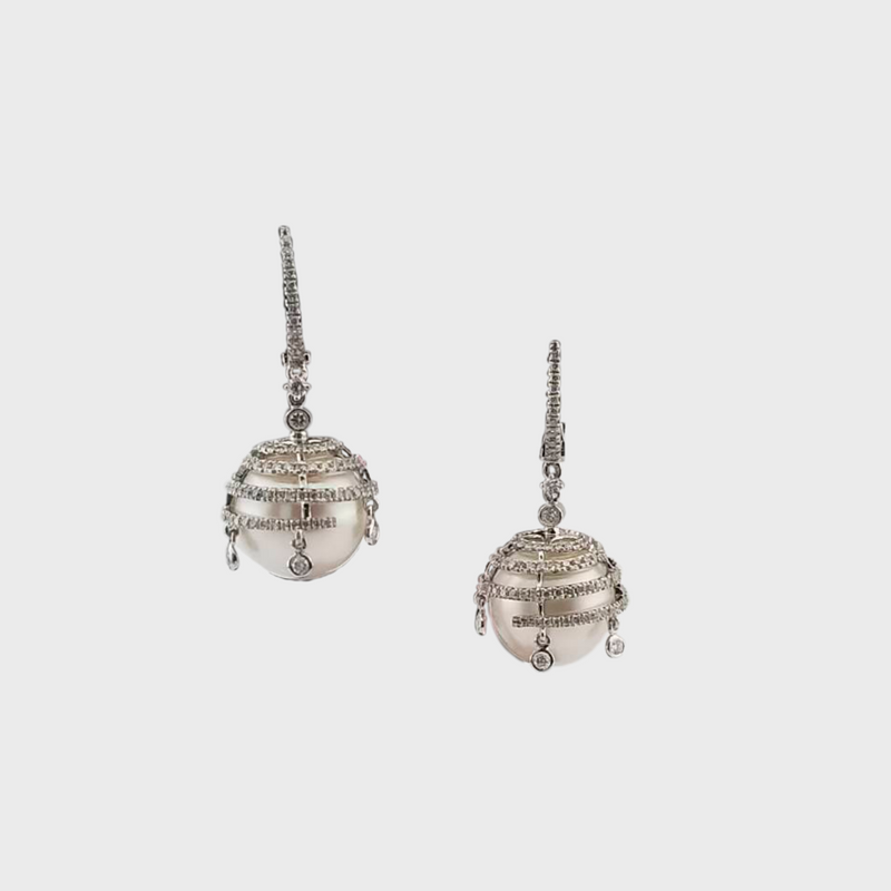 Pearl and diamond drop earrings in 14K white gold