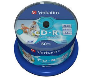 Verbatim CD-R 52x 700MB 50p 43438 cake DataLife+,AZO, Inkjet, Wide printable