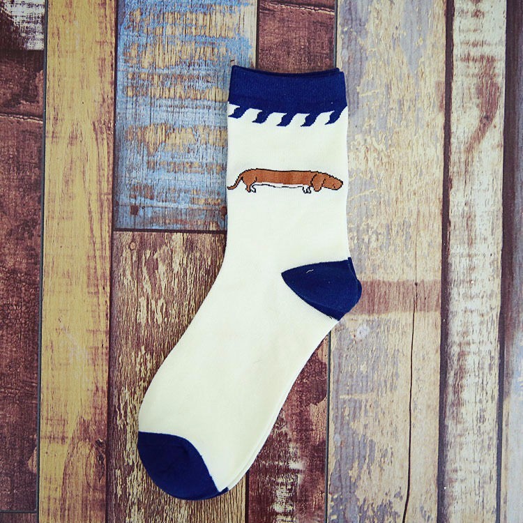 Blue and White socks with Brown Dachshund
