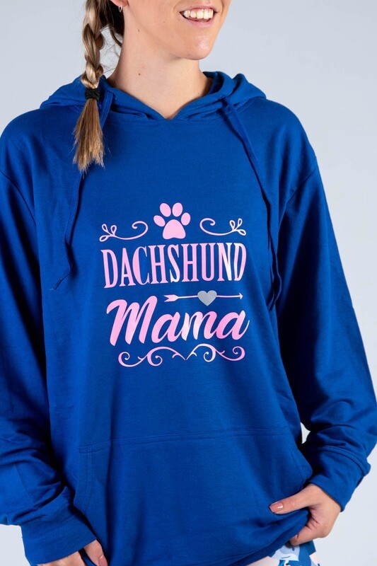 Dachshund Mama + Pawprint Hoodie - Royal Blue with Pink Print - Small ONLY