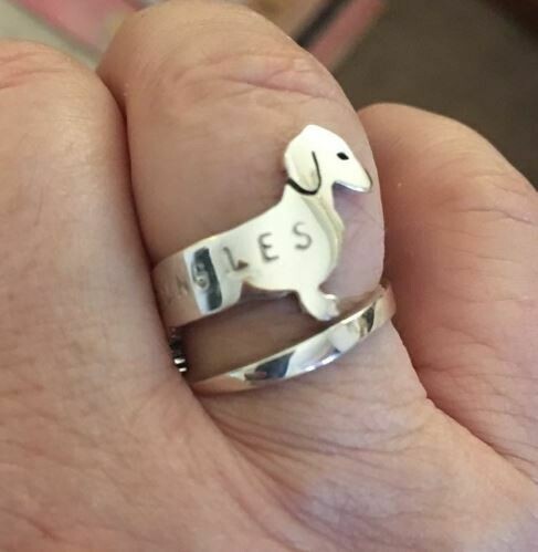 Sterling Silver Dachshund Wrap Ring with Stamped letters