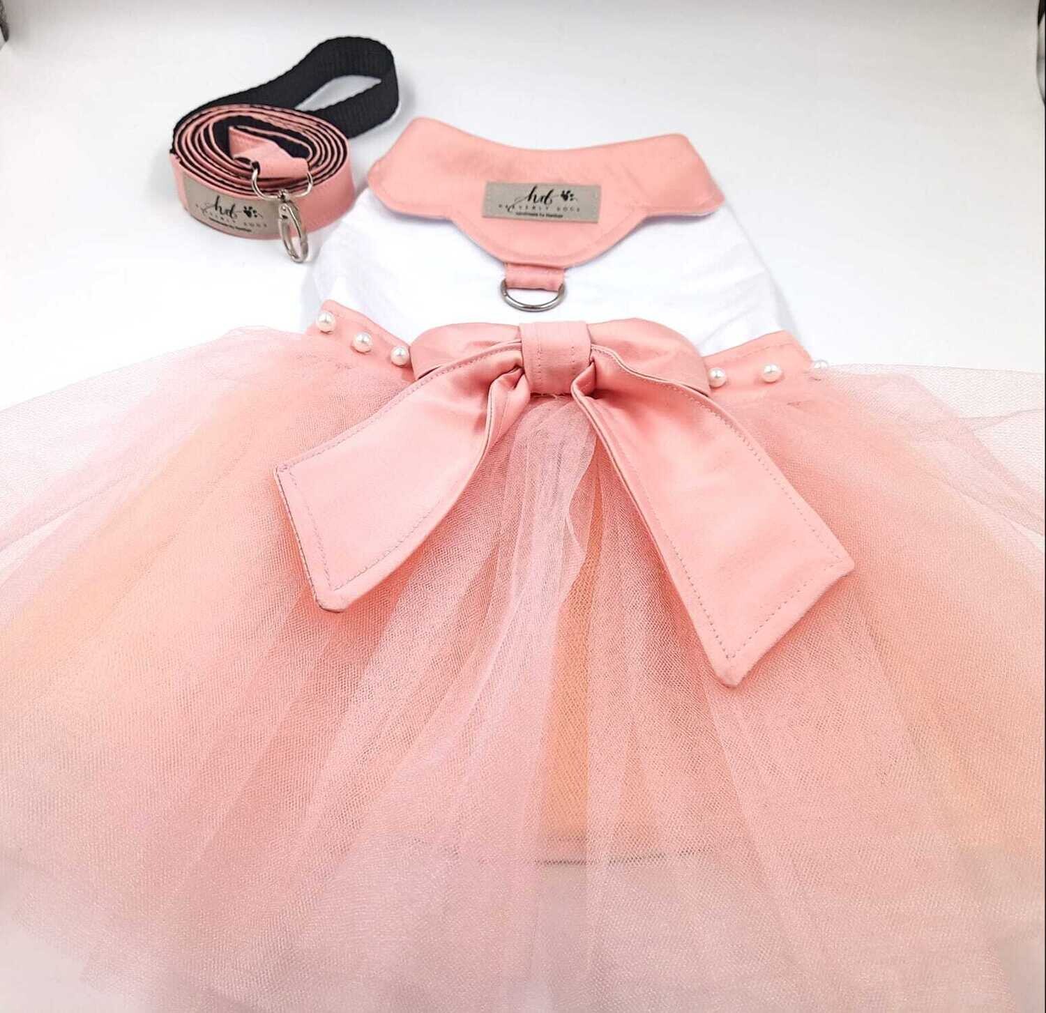 Pretty white and peach Dress with satin bow and pearls - Two Sizes