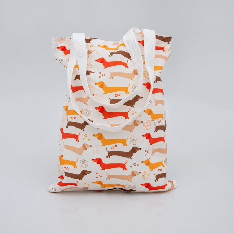 Canvas Shopper Bag - White with Orange, yellow and brown dogs