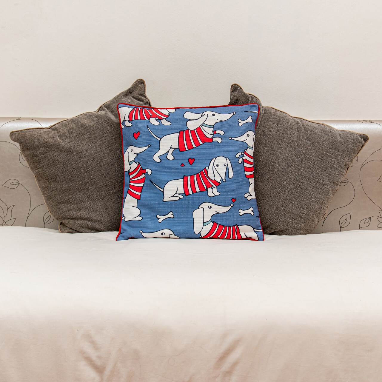 Large Scatter Cushion Slip - Blue with Dachshunds in red coats
