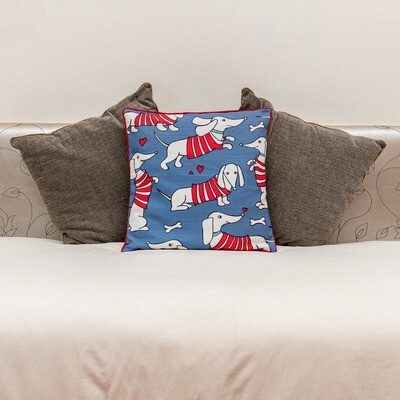 Large Scatter Cushion Slip - Blue with Dachshunds in red coats