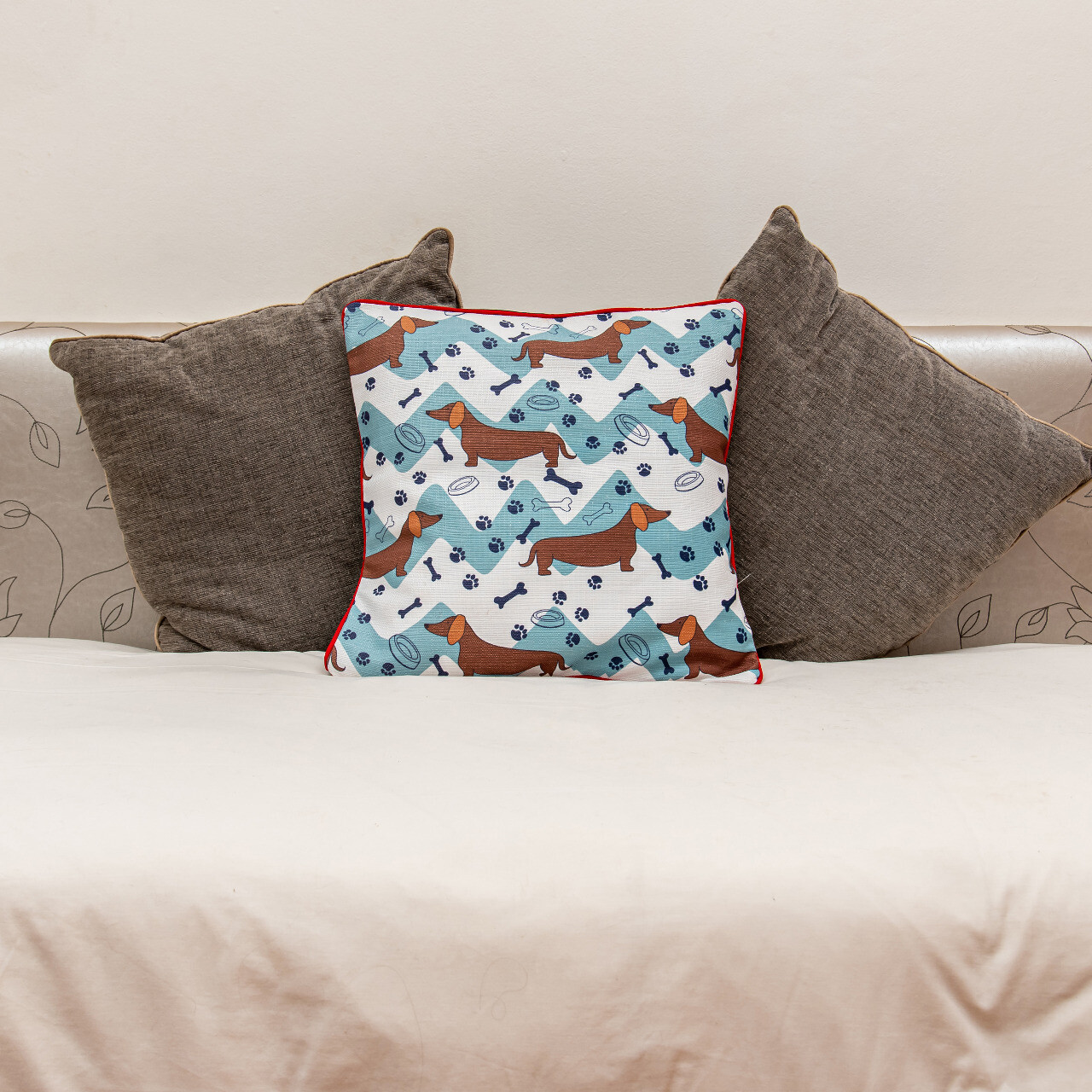 Large Scatter Cushion Slip - Patterned background with brown Dachshunds