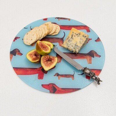 Glass cheese / chopping board - Round - Brown dogs on Blue background