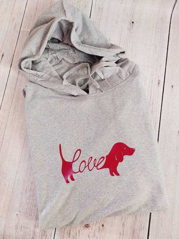 Dachshund LOVE Hoodie - Grey with Burgundy Print - Small ONLY