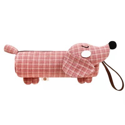 Dachshund Pencil Case - Red / brown check