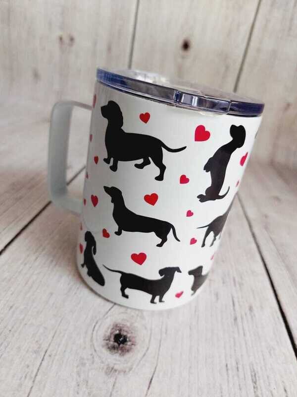 Travel Mug - Black dachshunds & red hearts
