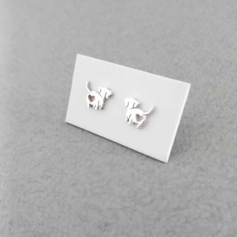 ​Sterling Silver Dachshund Earrings - Dachie Bum with Heart