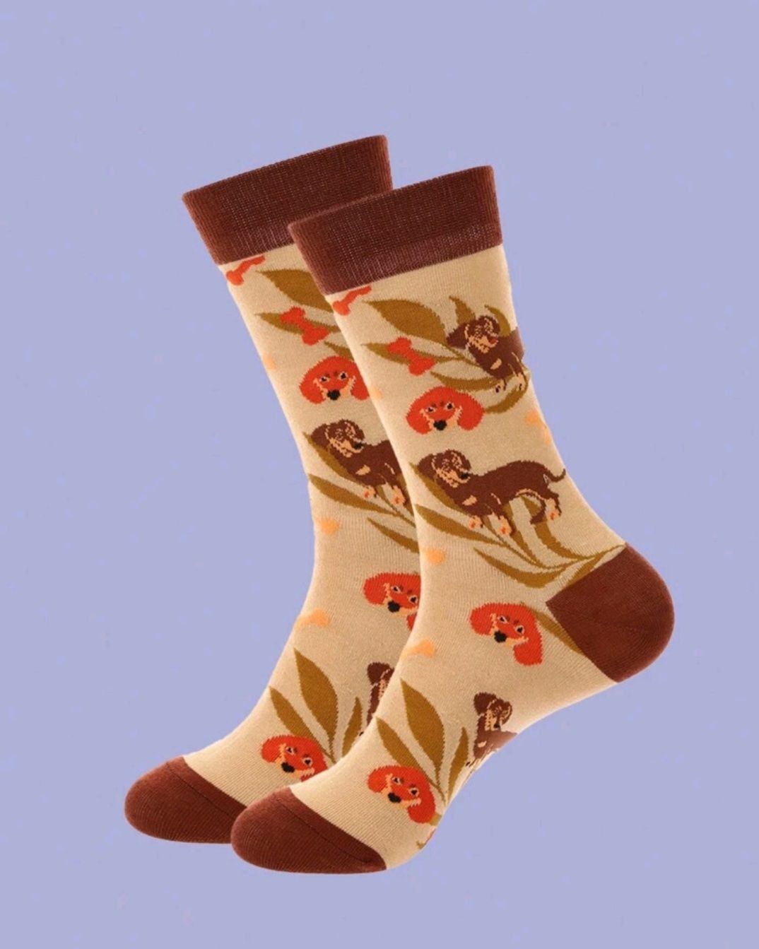Beige and brown dachshund socks