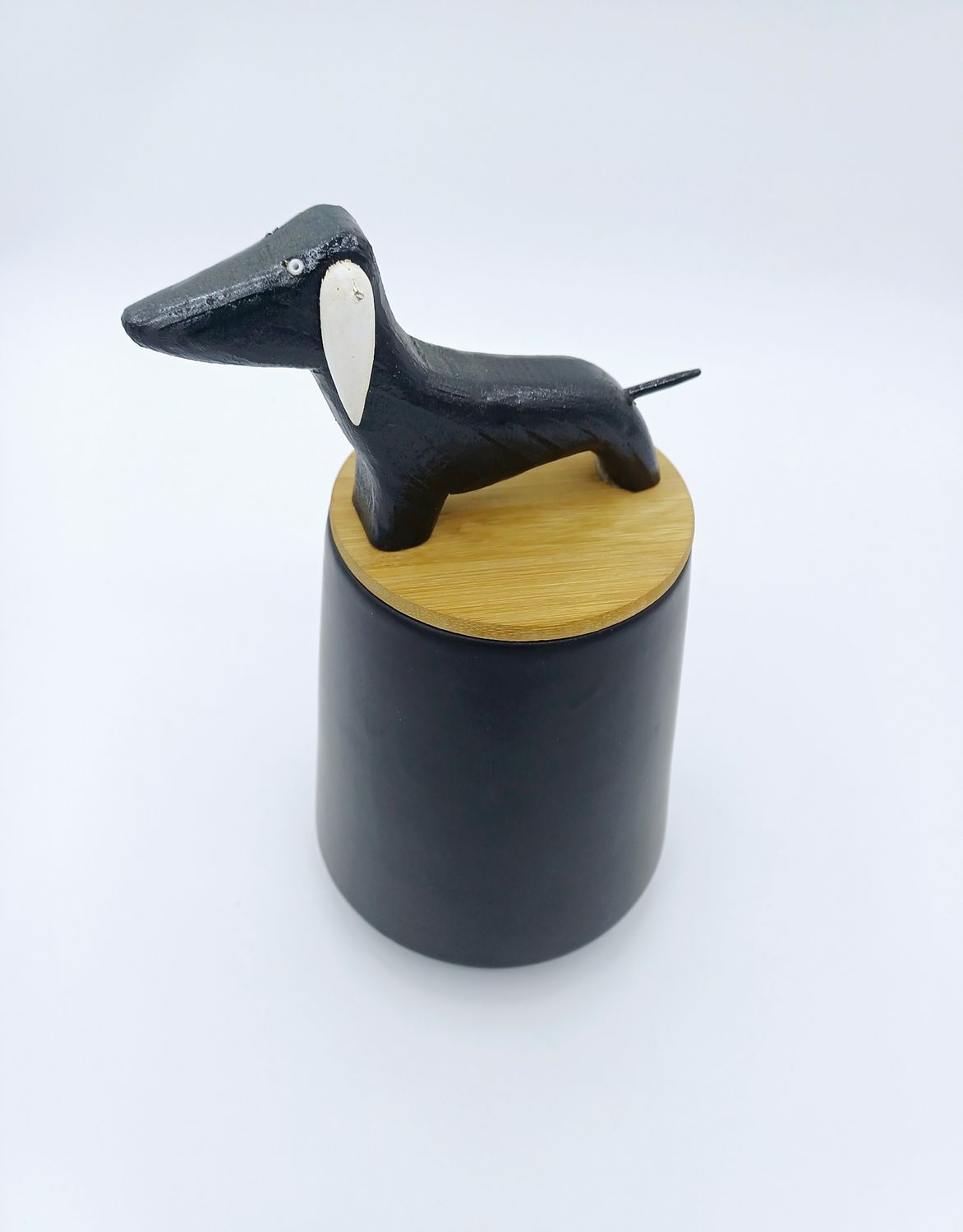 Unique Ceramic Canister with Wooden Dachshund