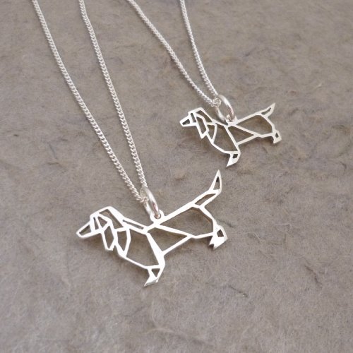Silver Pendant and Chain - Origami inspired Dachshund - Small