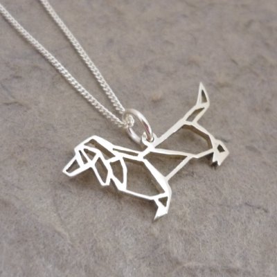 Silver Pendant and Chain - Origami inspired Dachshund