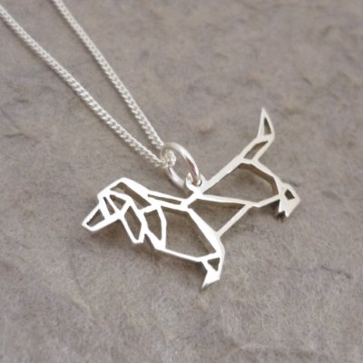 Silver Pendant and Chain - Origami inspired Dachshund - Large