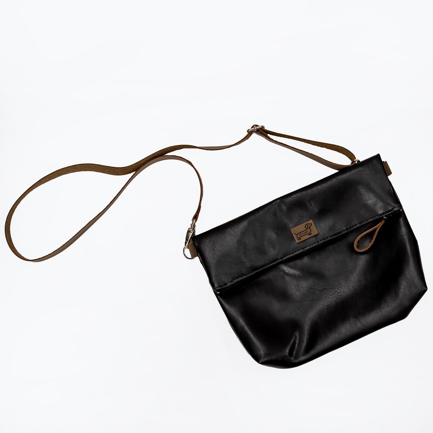 Black Fold over Faux Leather Sling Bag