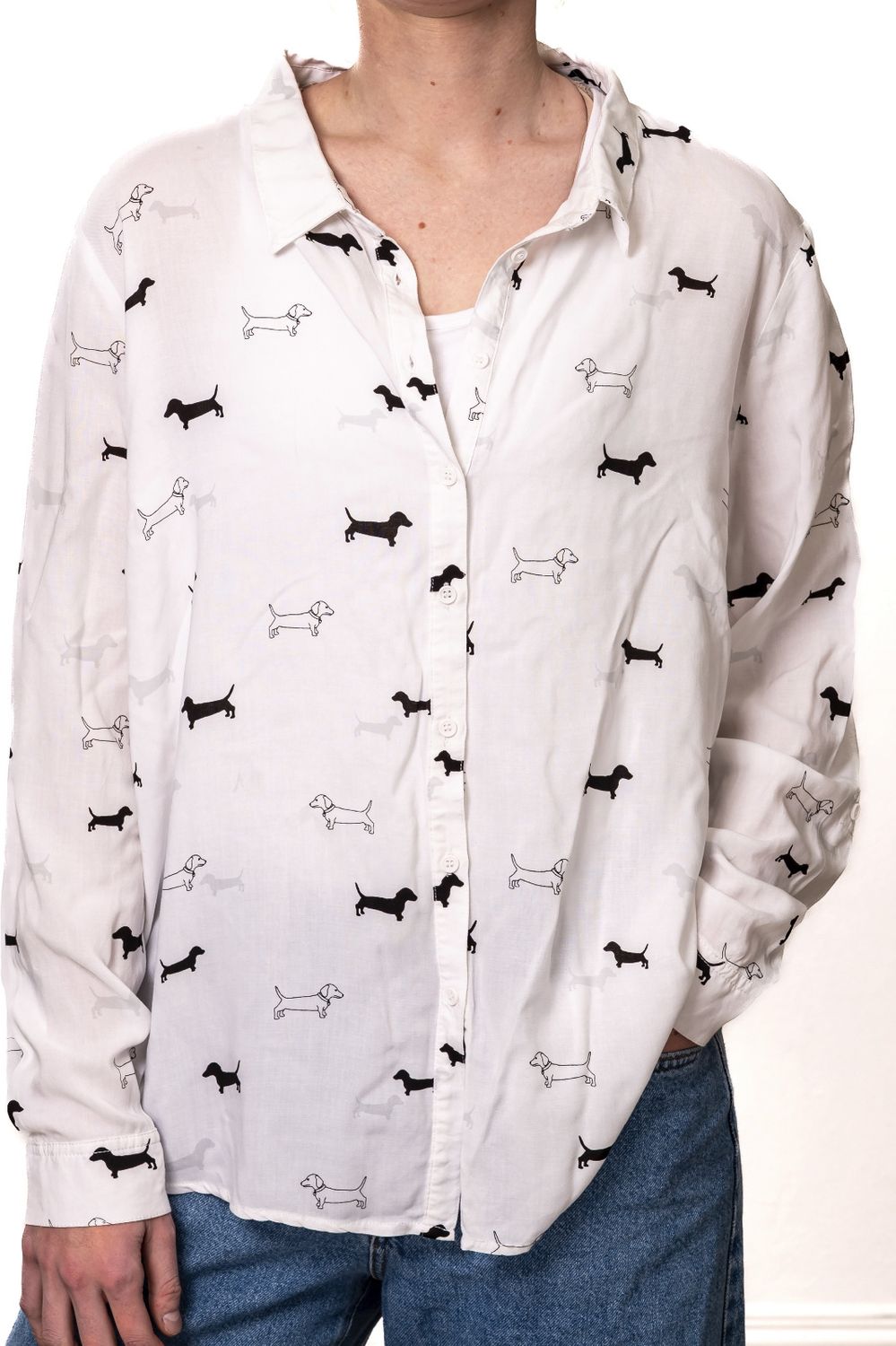 Miss Shop White Blouse with Black Dachshund print