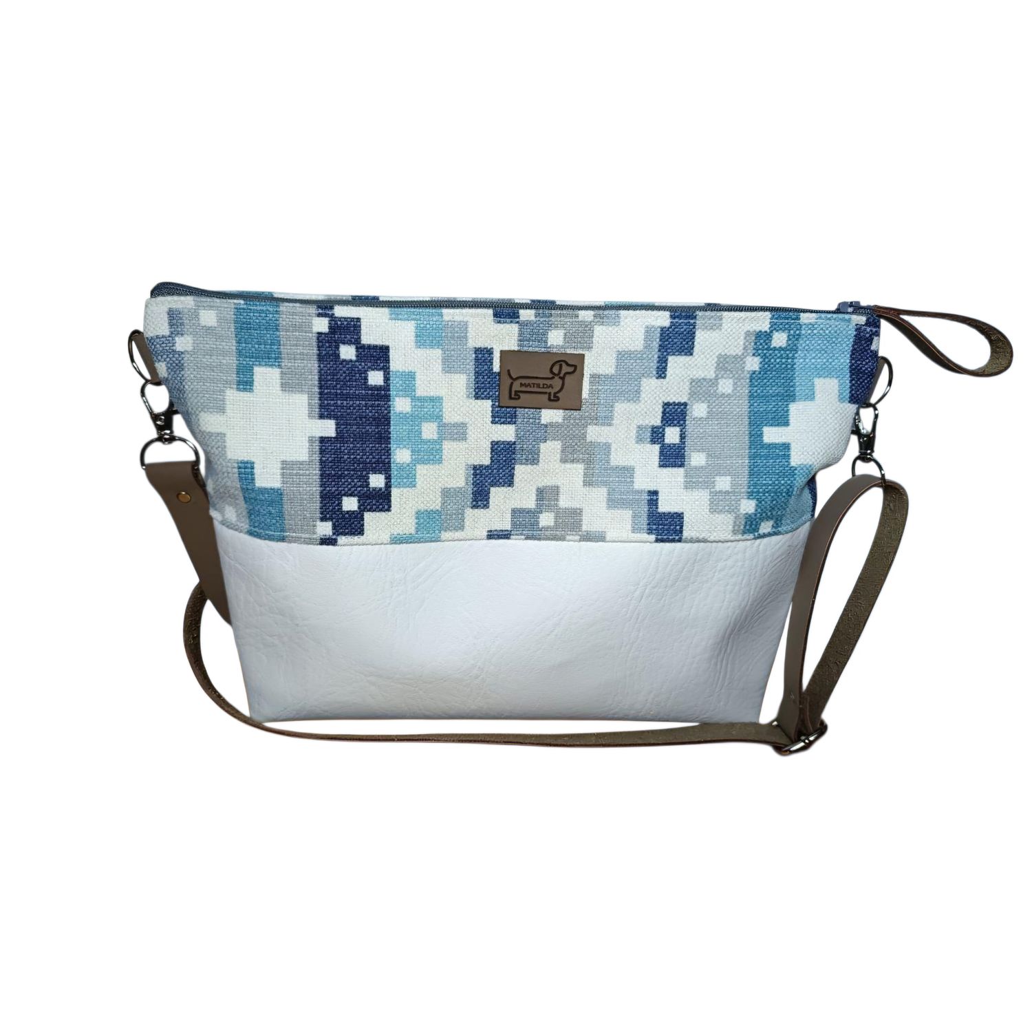Once off / Limited edition Fabric & Faux Leather Sling Bag - Geometric Blue & White