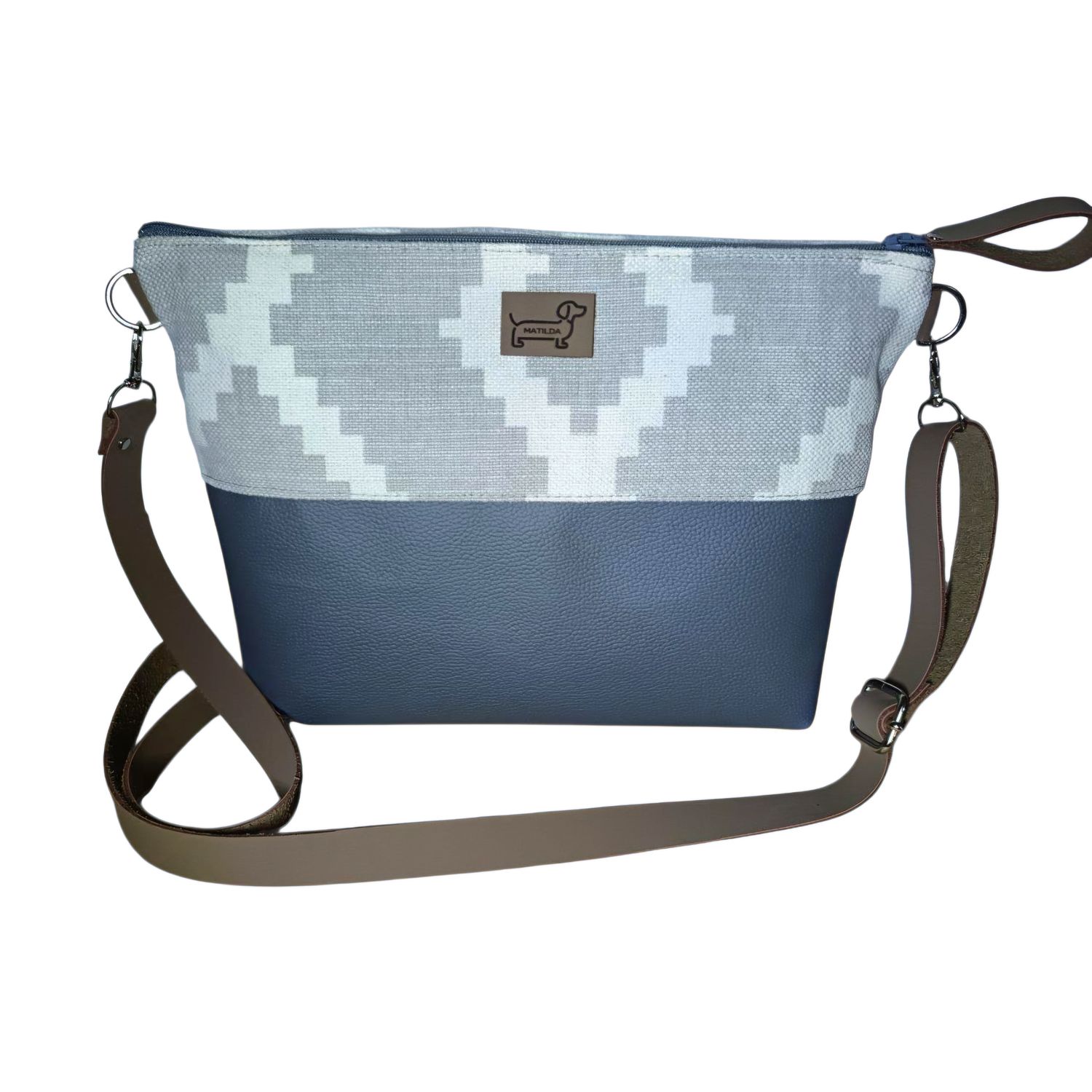 Once off / Limited edition Fabric & Faux Leather Sling Bag - Geometric Grey & White