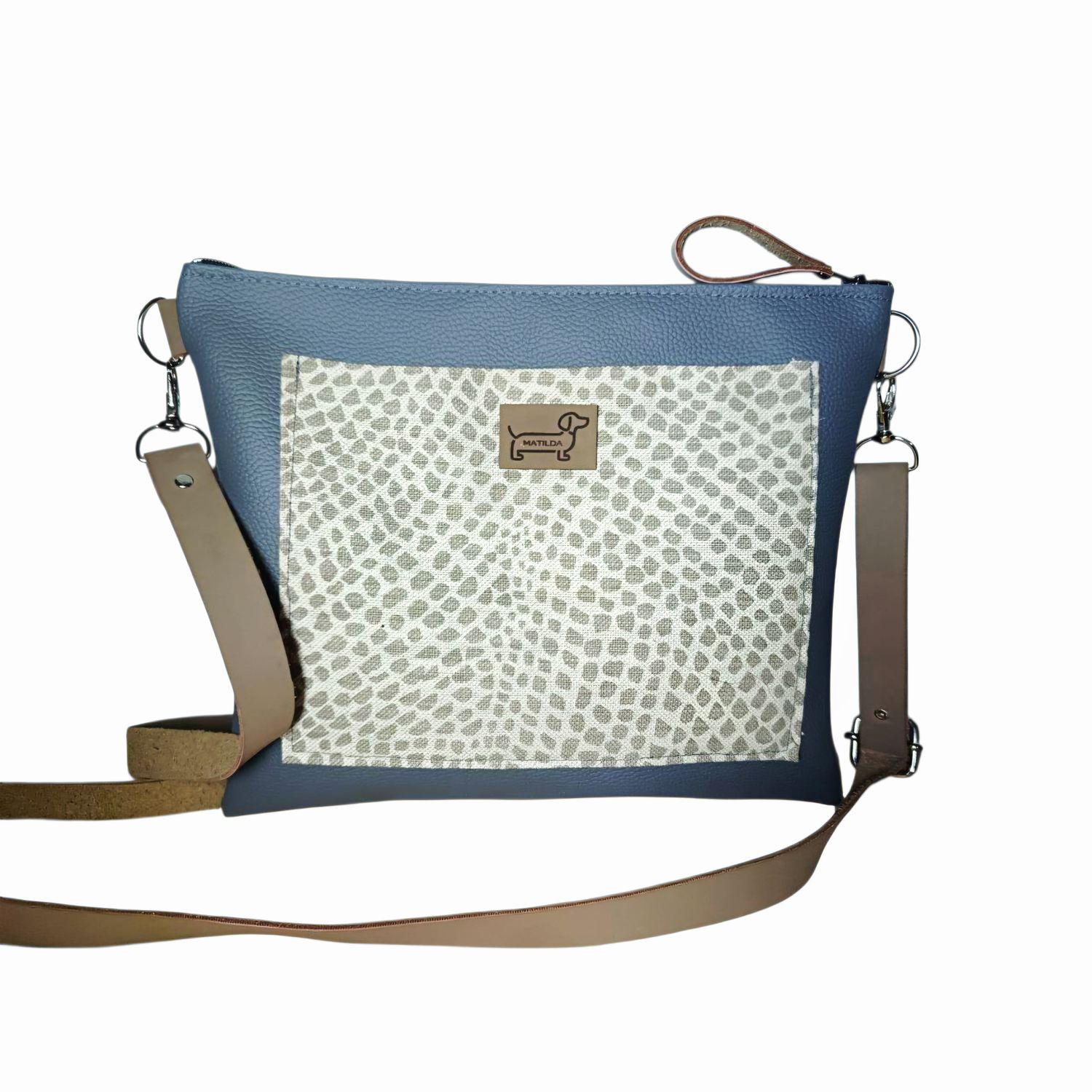 Small Fabric & Faux Leather Sling Bag - Grey & Cream 