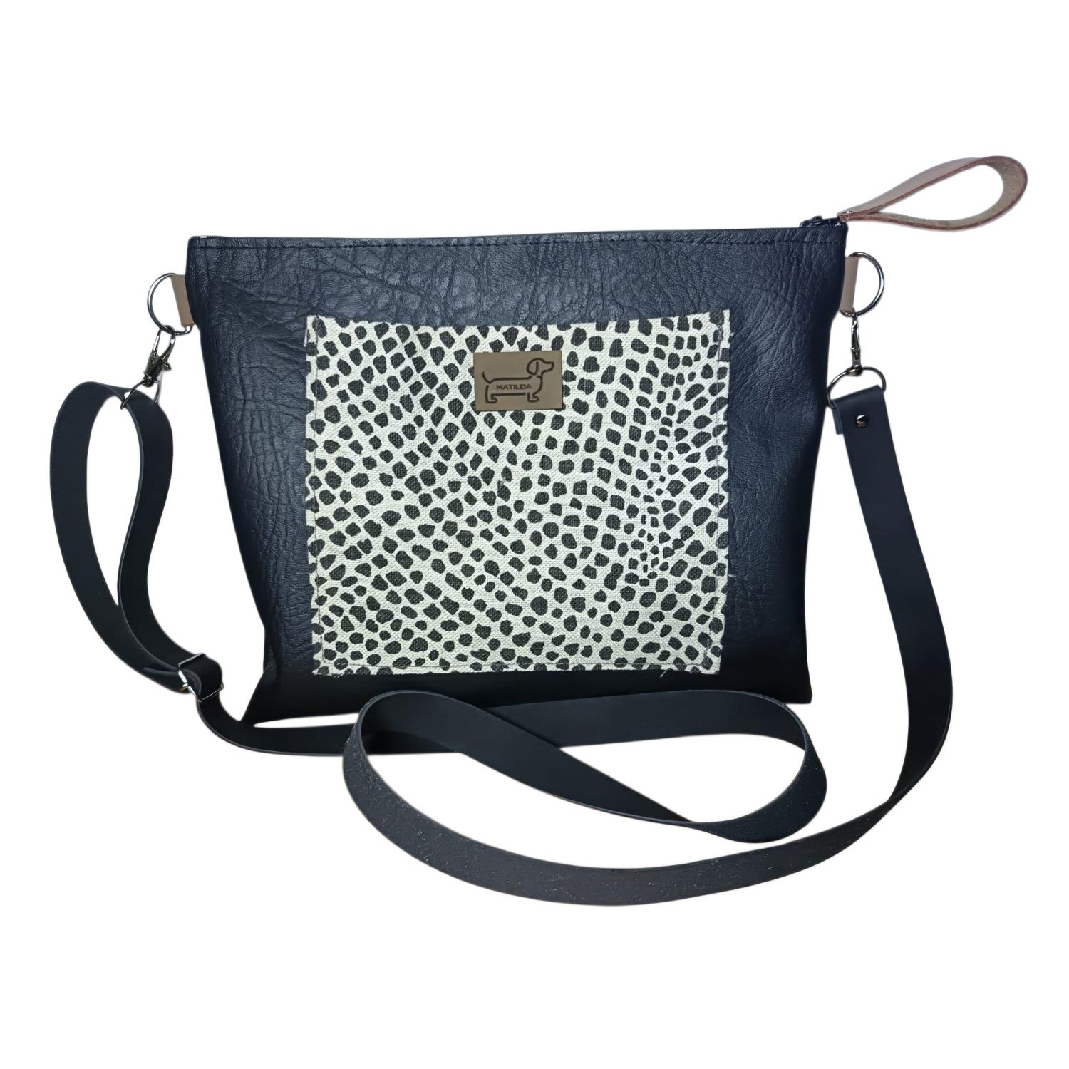 Small Fabric & Faux Leather Sling Bag - Black & Cream 